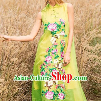 Chinese National Costume Stand Collar Yellow Cheongsam Embroidered Peony Sleeveless Qipao Dress for Women