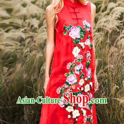 Chinese National Costume Stand Collar Red Cheongsam Embroidered Peony Sleeveless Qipao Dress for Women