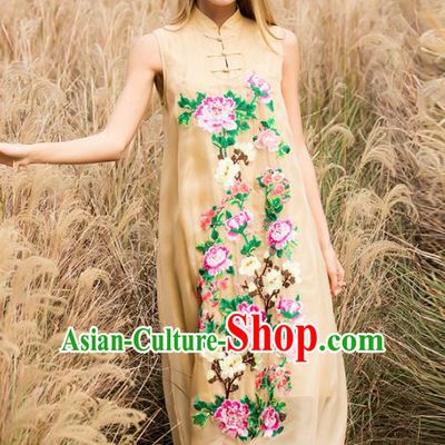 Chinese National Costume Stand Collar Beige Cheongsam Embroidered Peony Sleeveless Qipao Dress for Women