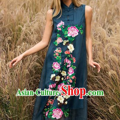 Chinese National Costume Stand Collar Blue Cheongsam Embroidered Peony Sleeveless Qipao Dress for Women