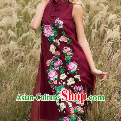 Chinese National Costume Stand Collar Wine Red Cheongsam Embroidered Peony Sleeveless Qipao Dress for Women