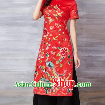 Chinese National Costume Red Cheongsam Embroidered Peony Stand Collar Qipao Dress for Women