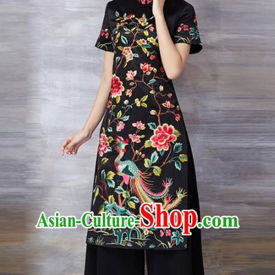 Chinese National Costume Black Cheongsam Embroidered Peony Stand Collar Qipao Dress for Women
