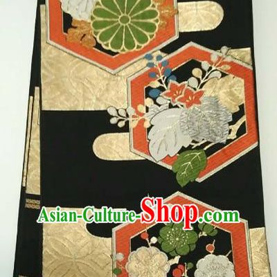 Japanese Traditional Black Waistband Kimono Yukata Dress Wafuku Embroidered Brocade Belts for Women