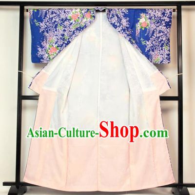 Ancient Japanese Garment Palace Printing Blue Furisode Kimonos Traditional Yukata Dress Costume for Women