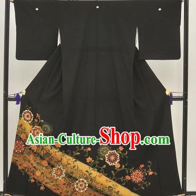 Japanese Samurai Garment Kimono Printing Black Yukata Robe Traditional Wafuku Hakama Costume for Men