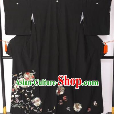 Japanese Samurai Garment Printing Flowers Kimono Palace Black Yukata Robe Traditional Wafuku Hakama Costume for Men