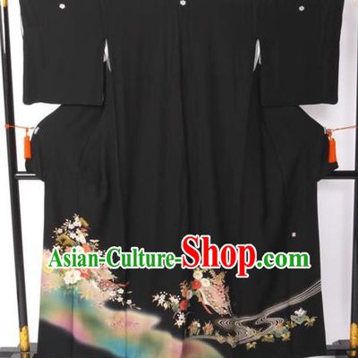 Japanese Samurai Garment Printing Kimono Palace Black Yukata Robe Traditional Wafuku Hakama Costume for Men