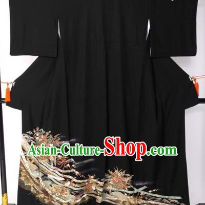 Japanese Samurai Garment Printing Black Kimono Palace Yukata Robe Traditional Wafuku Hakama Costume for Men