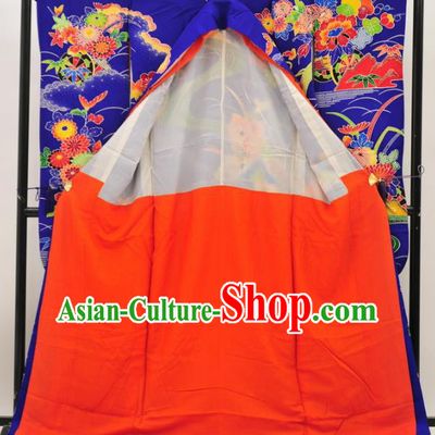 Ancient Japanese Empress Wedding Garment Palace Royalblue Furisode Kimonos Traditional Yukata Dress Costume for Women