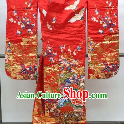 Ancient Japanese Empress Hanayome Garment Palace Red Furisode Kimonos Traditional Yukata Dress Costume for Women