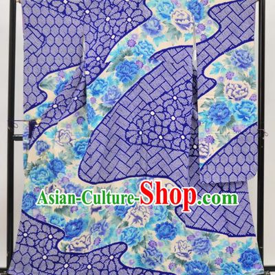 Ancient Japanese Geisha Garment Palace Blue Furisode Kimonos Traditional Yukata Dress Costume for Women