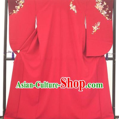 Ancient Japanese Geisha Garment Red Furisode Kimonos Traditional Yukata Dress Costume for Women