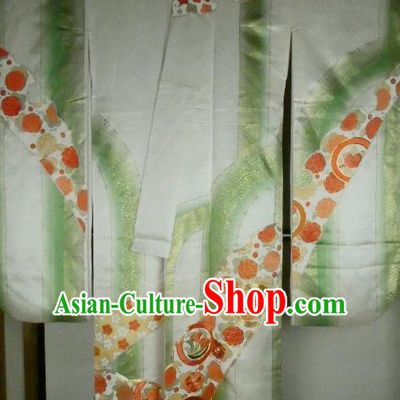 Ancient Japanese Geisha Garment Green Furisode Kimonos Traditional Yukata Dress Costume for Women