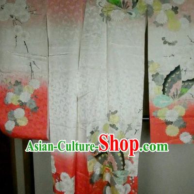 Ancient Japanese Geisha Printing Butterfly Furisode Kimonos Traditional Yukata Dress Costume for Women