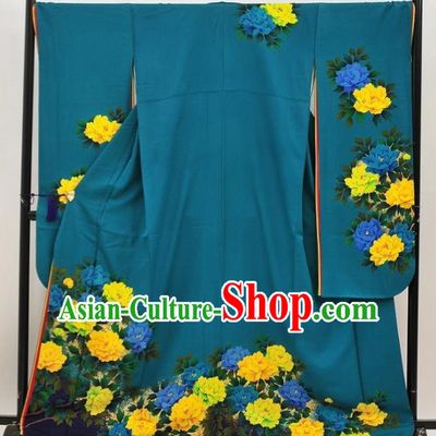 Ancient Japanese Geisha Printing Peony Atrovirens Furisode Kimonos Traditional Yukata Dress Costume for Women