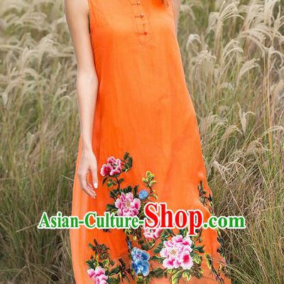 Chinese National Costume Orange Silk Cheongsam Embroidered Peony Qipao Dress for Women