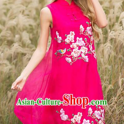 Chinese National Costume Rosy Silk Cheongsam Embroidered Peach Blossom Qipao Dress for Women