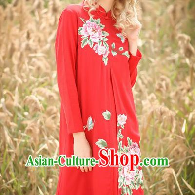 Chinese National Costume Red Cheongsam Embroidered Peony Qipao Dress for Women