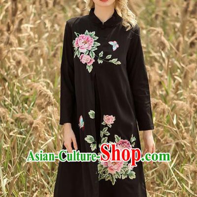Chinese National Costume Black Cheongsam Embroidered Peony Qipao Dress for Women