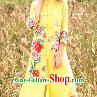 Chinese National Costume Yellow Cardigan Cheongsam Embroidered Peony Qipao Dress for Women