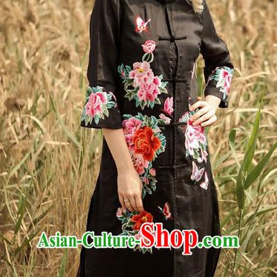 Chinese National Costume Black Cardigan Cheongsam Embroidered Peony Qipao Dress for Women