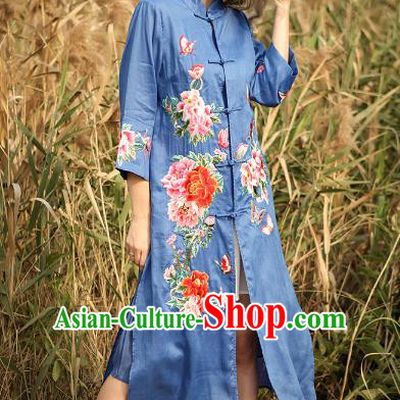Chinese National Costume Deep Blue Cardigan Cheongsam Embroidered Peony Qipao Dress for Women