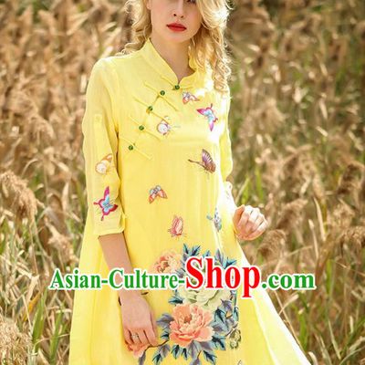 Chinese National Costume Yellow Cheongsam Embroidered Peony Butterfly Qipao Dress for Women