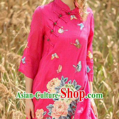 Chinese National Costume Rosy Cheongsam Embroidered Peony Butterfly Qipao Dress for Women
