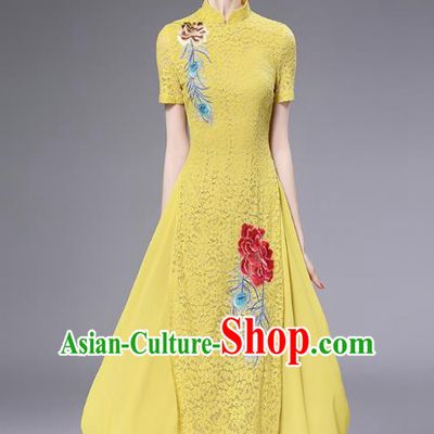 Chinese National Costume Yellow Lace Cheongsam Embroidered Qipao Dress for Women