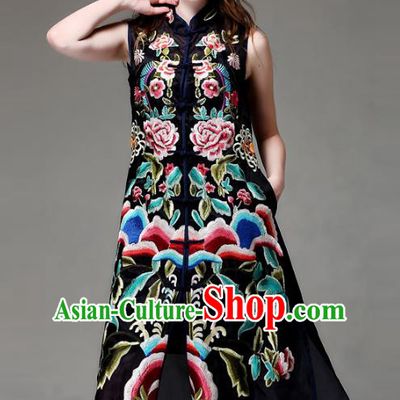 Chinese National Costume Black Sleeveless Cheongsam Embroidered Peony Qipao Dress for Women