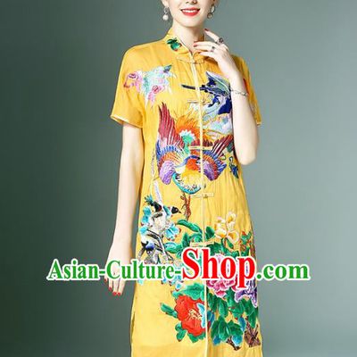 Chinese National Costume Yellow Embroidered Peony Cheongsam Qipao Dress for Women