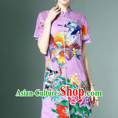 Chinese National Costume Purple Embroidered Peony Cheongsam Qipao Dress for Women