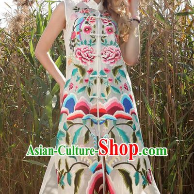 Chinese National Costume White Sleeveless Cheongsam Embroidered Peony Qipao Dress for Women