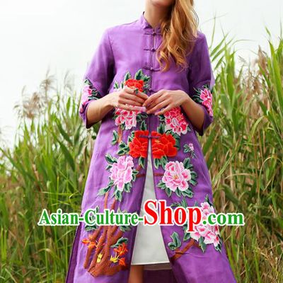 Chinese National Costume Purple Plated Buttons Coats Traditional Embroidered Peony Cardigan for Women