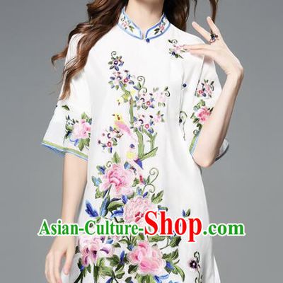 Chinese National Costume Embroidered Peony Cheongsam White Qipao Dress for Women
