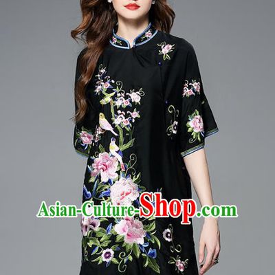 Chinese National Costume Embroidered Peony Cheongsam Black Qipao Dress for Women