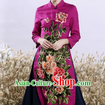 Chinese National Costume Embroidered Peony Cheongsam Purple Qipao Dress for Women