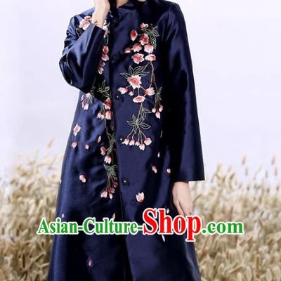 Chinese National Costume Plated Buttons Navy Coats Traditional Embroidered Dust Coat for Women