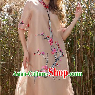 Chinese National Costume Champagne Organza Cheongsam Embroidered Plum Blossom Qipao Dress for Women