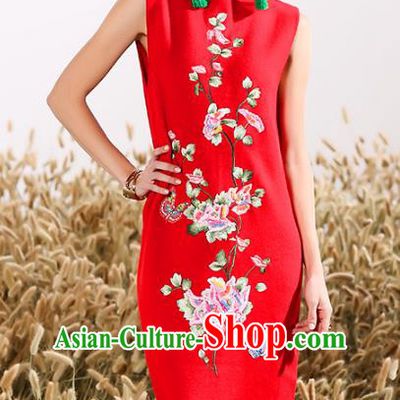 Chinese National Costume Embroidered Butterfly Red Cheongsam Vintage Qipao Dress for Women