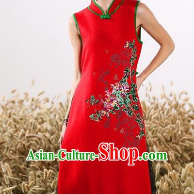 Chinese National Costume Embroidered Stand Collar Cheongsam Vintage Red Qipao Dress for Women