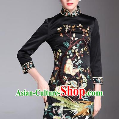 Chinese National Costume Stand Collar Embroidered Cheongsam Vintage Black Qipao Dress for Women