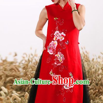 Chinese National Costume Embroidered Peony Red Cheongsam Vintage Veil Qipao Dress for Women