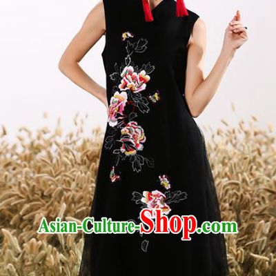 Chinese National Costume Embroidered Peony Black Cheongsam Vintage Veil Qipao Dress for Women
