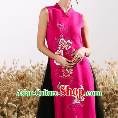 Chinese National Costume Embroidered Peony Rosy Cheongsam Vintage Veil Qipao Dress for Women