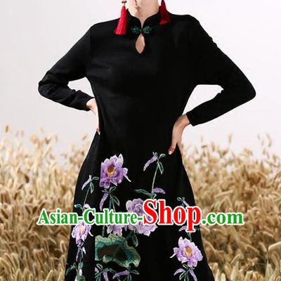 Chinese National Costume Embroidered Peony Cheongsam Black Wool Qipao Dress for Women