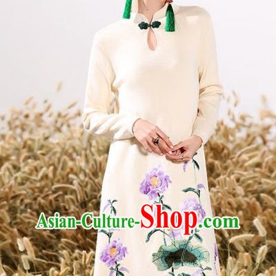 Chinese National Costume Embroidered Peony Cheongsam Beige Wool Qipao Dress for Women