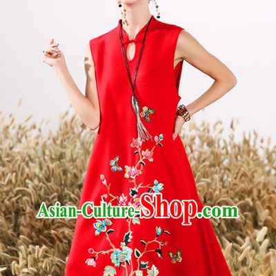 Chinese National Costume Cheongsam Embroidered Peony Red Qipao Dress for Women