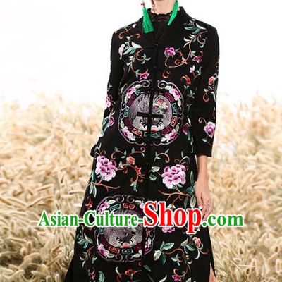 Chinese National Costume Plated Buttons Coats Traditional Embroidered Black Dust Coat for Women